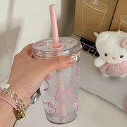 Sanrio Hello Kitty Pink Straw Cup Large-Capacity Transparent Plastic Water Cup Kawaii Plastic Student Portable Cup Birthday Gift