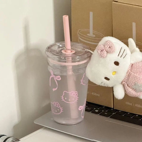 Sanrio Hello Kitty Pink Straw Cup Large-Capacity Transparent Plastic Water Cup Kawaii Plastic Student Portable Cup Birthday Gift