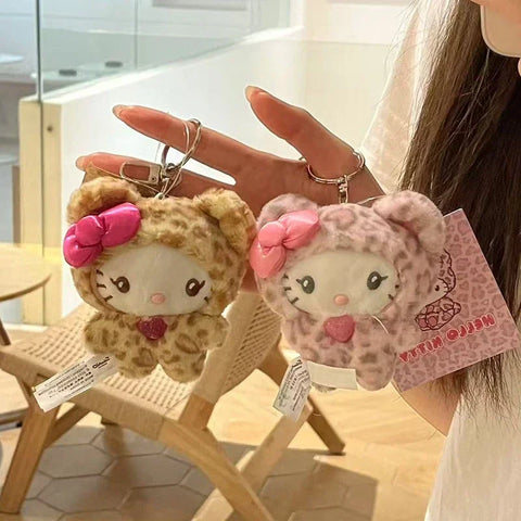 MINISO Hello Kitty Kawaii Cat Keychain Cute Plush Doll Bag Charm with Bow Leopard Print Zipper Pull Gift for Girls Stuffed Toys