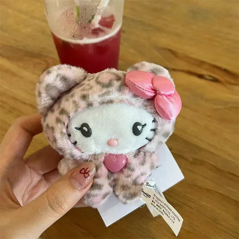 MINISO Hello Kitty Kawaii Cat Keychain Cute Plush Doll Bag Charm with Bow Leopard Print Zipper Pull Gift for Girls Stuffed Toys