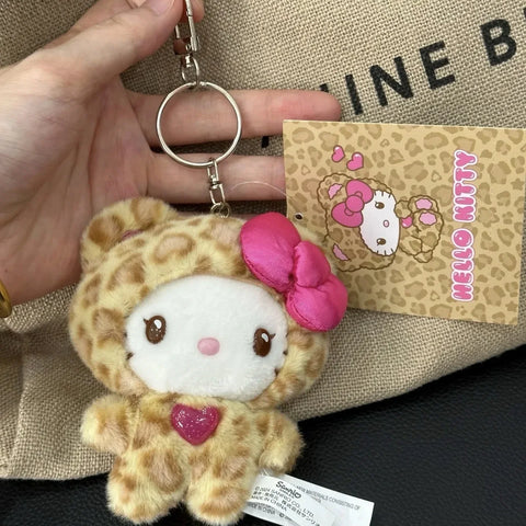 MINISO Hello Kitty Kawaii Cat Keychain Cute Plush Doll Bag Charm with Bow Leopard Print Zipper Pull Gift for Girls Stuffed Toys