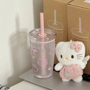 Sanrio Hello Kitty Pink Straw Cup Large-Capacity Transparent Plastic Water Cup Kawaii Plastic Student Portable Cup Birthday Gift