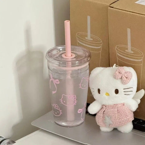 Sanrio Hello Kitty Pink Straw Cup Large-Capacity Transparent Plastic Water Cup Kawaii Plastic Student Portable Cup Birthday Gift