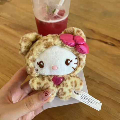 MINISO Hello Kitty Kawaii Cat Keychain Cute Plush Doll Bag Charm with Bow Leopard Print Zipper Pull Gift for Girls Stuffed Toys