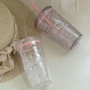 Sanrio Hello Kitty Pink Straw Cup Large-Capacity Transparent Plastic Water Cup Kawaii Plastic Student Portable Cup Birthday Gift