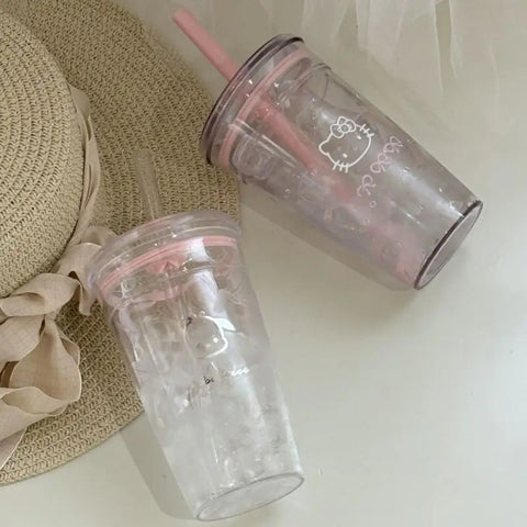 Sanrio Hello Kitty Pink Straw Cup Large-Capacity Transparent Plastic Water Cup Kawaii Plastic Student Portable Cup Birthday Gift