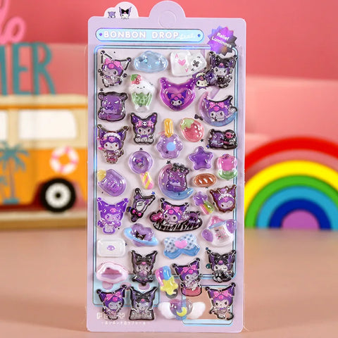 Cartoon Sanrio Characters Kuromi 3D Three-dimensional Embossed Luminous Stickers Cute Creative Children's Toy Stickers Wholesale