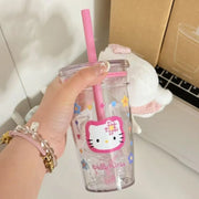 Sanrio Hello Kitty Pink Straw Cup Large-Capacity Transparent Plastic Water Cup Kawaii Plastic Student Portable Cup Birthday Gift