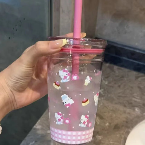 Sanrio Hello Kitty Pink Straw Cup Large-Capacity Transparent Plastic Water Cup Kawaii Plastic Student Portable Cup Birthday Gift