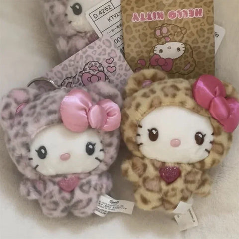 MINISO Hello Kitty Kawaii Cat Keychain Cute Plush Doll Bag Charm with Bow Leopard Print Zipper Pull Gift for Girls Stuffed Toys