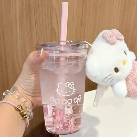 Sanrio Hello Kitty Pink Straw Cup Large-Capacity Transparent Plastic Water Cup Kawaii Plastic Student Portable Cup Birthday Gift