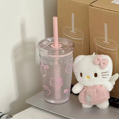 Sanrio Hello Kitty Pink Straw Cup Large-Capacity Transparent Plastic Water Cup Kawaii Plastic Student Portable Cup Birthday Gift