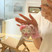 MINISO Hello Kitty Kawaii Cat Keychain Cute Plush Doll Bag Charm with Bow Leopard Print Zipper Pull Gift for Girls Stuffed Toys