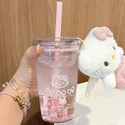 Sanrio Hello Kitty Pink Straw Cup Large-Capacity Transparent Plastic Water Cup Kawaii Plastic Student Portable Cup Birthday Gift