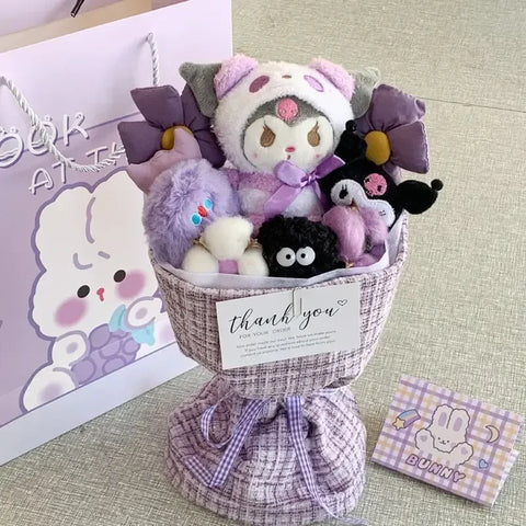 Sanrio Anime Kuromi Plush Flower Bouquet Cartoon Hellokitty Cinnamoroll Stuffed Plush Toy Kawaii Decor Doll Girl Valentine Gift