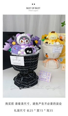 Sanrio Anime Kuromi Plush Flower Bouquet Cartoon Hellokitty Cinnamoroll Stuffed Plush Toy Kawaii Decor Doll Girl Valentine Gift