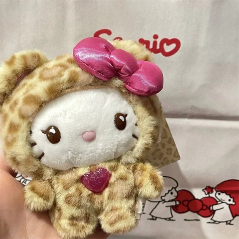 MINISO Hello Kitty Kawaii Cat Keychain Cute Plush Doll Bag Charm with Bow Leopard Print Zipper Pull Gift for Girls Stuffed Toys