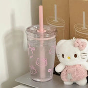 Sanrio Hello Kitty Pink Straw Cup Large-Capacity Transparent Plastic Water Cup Kawaii Plastic Student Portable Cup Birthday Gift
