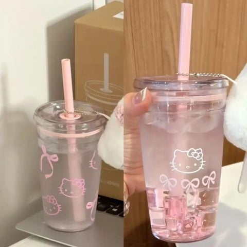 Sanrio Hello Kitty Pink Straw Cup Large-Capacity Transparent Plastic Water Cup Kawaii Plastic Student Portable Cup Birthday Gift